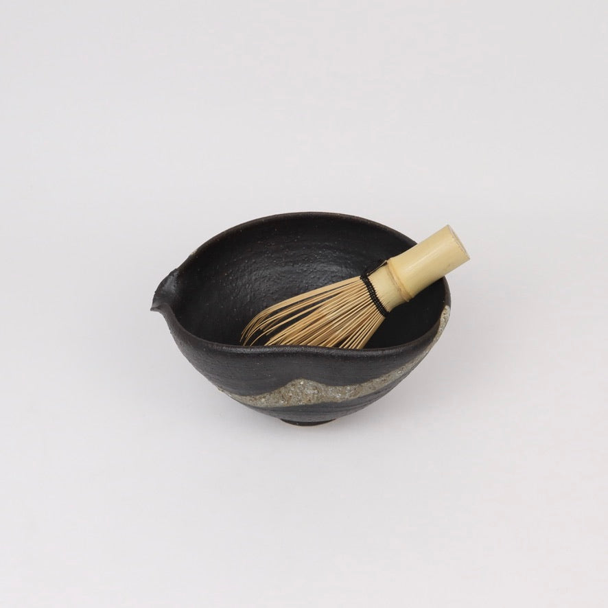 Japanese Shigaraki Ceramic Katakuchi Bowl in Black Glaze
