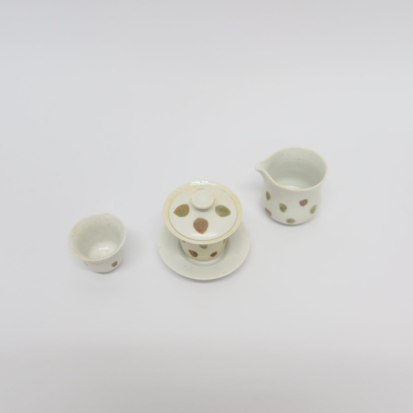 Korean Wood-fired Porcelain Dotted Gaiwan Teapot, Cooling Vessel & Tea Cup
