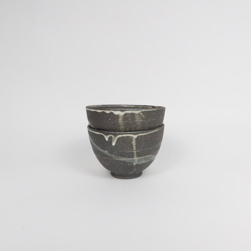 Japanese Shigaraki Yohen Ceramic Bowl, Charcoal with Drippy Glaze