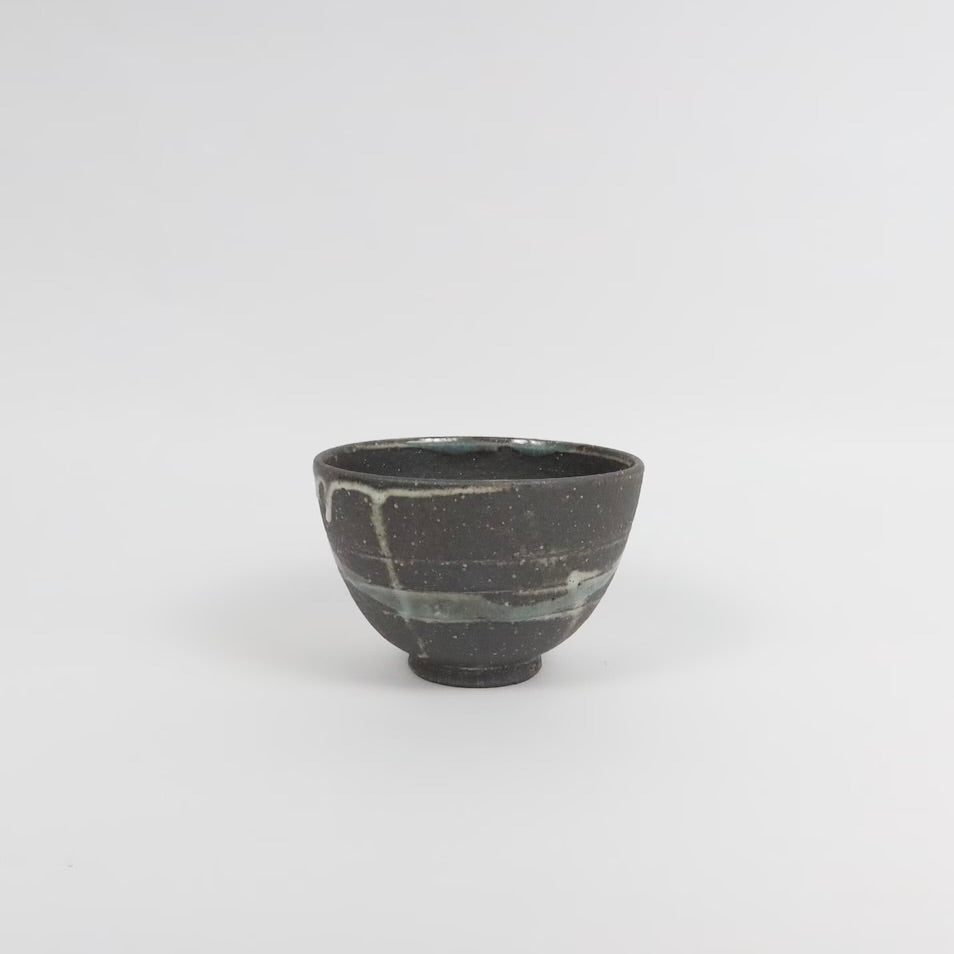 Japanese Shigaraki Yohen Ceramic Bowl, Charcoal with Drippy Glaze