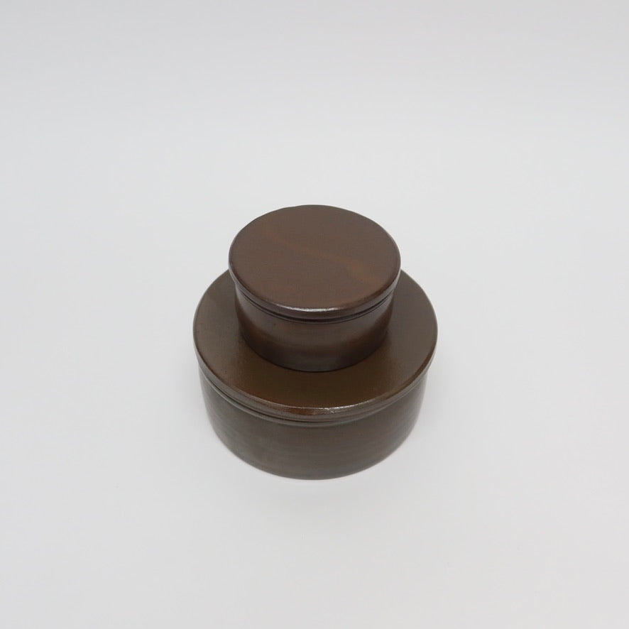 Korean Onggi Earthenware Flat Round Jar with Lid, 2 Sizes