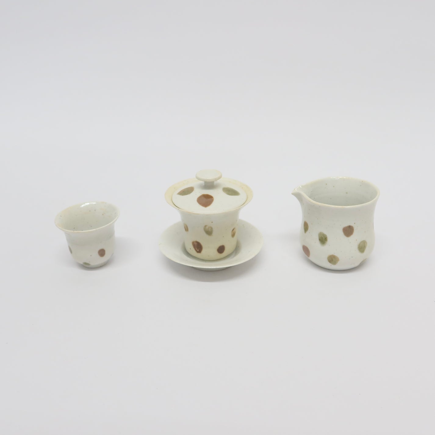 Korean Wood-fired Porcelain Dotted Gaiwan Teapot, Cooling Vessel &amp; Tea Cup