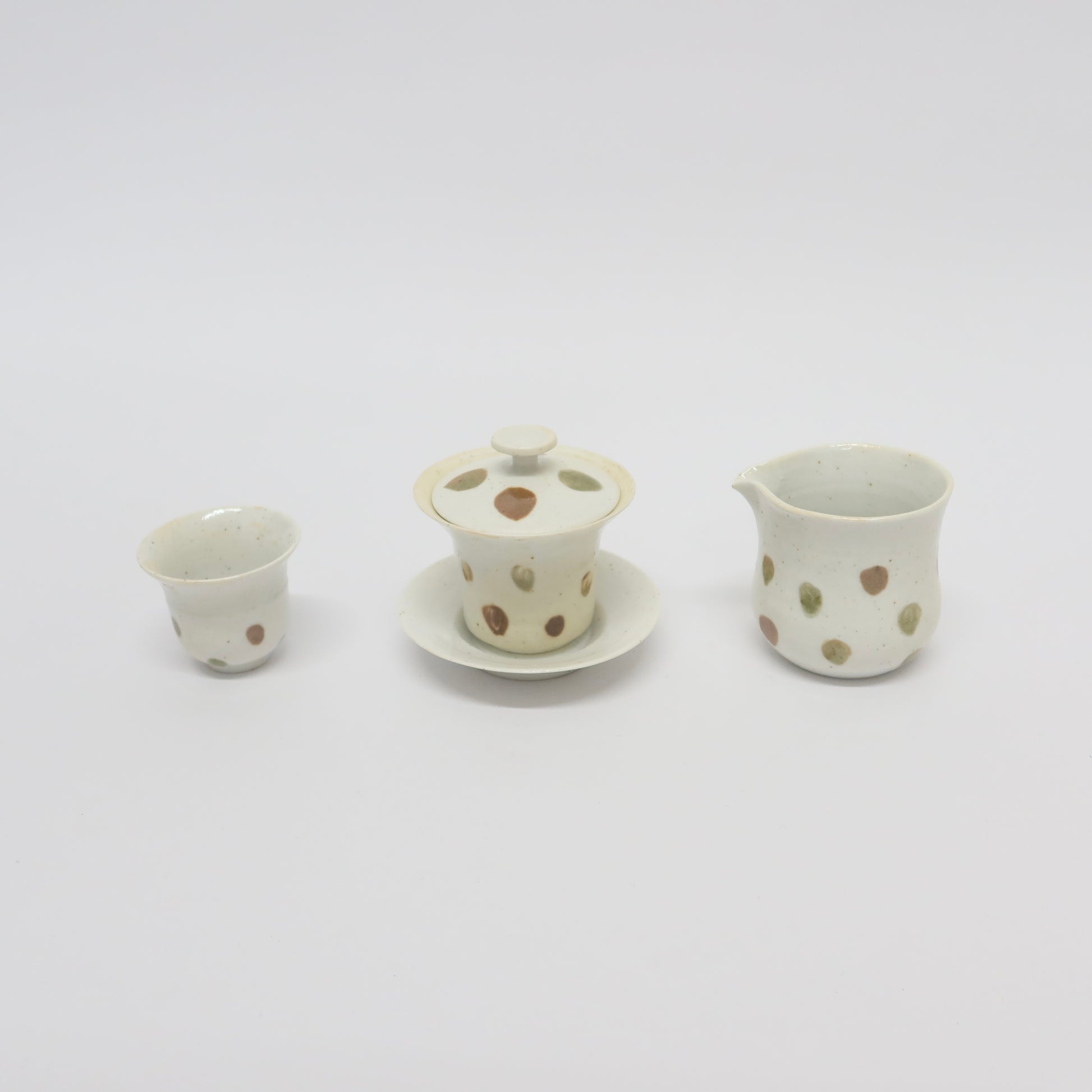 Korean Wood-fired Porcelain Dotted Gaiwan Teapot, Cooling Vessel &amp; Tea Cup