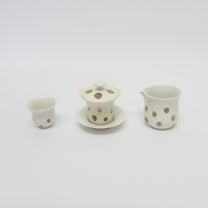 Korean Wood-fired Porcelain Dotted Gaiwan Teapot, Cooling Vessel &amp; Tea Cup