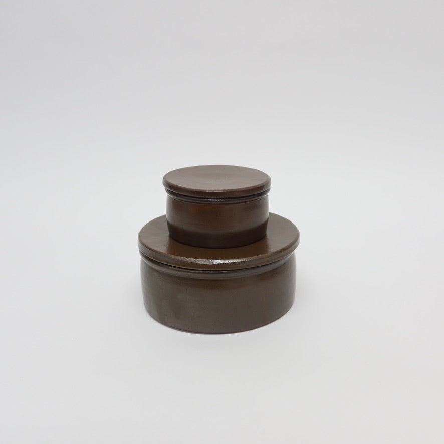 Korean Onggi Earthenware Flat Round Jar with Lid, 2 Sizes