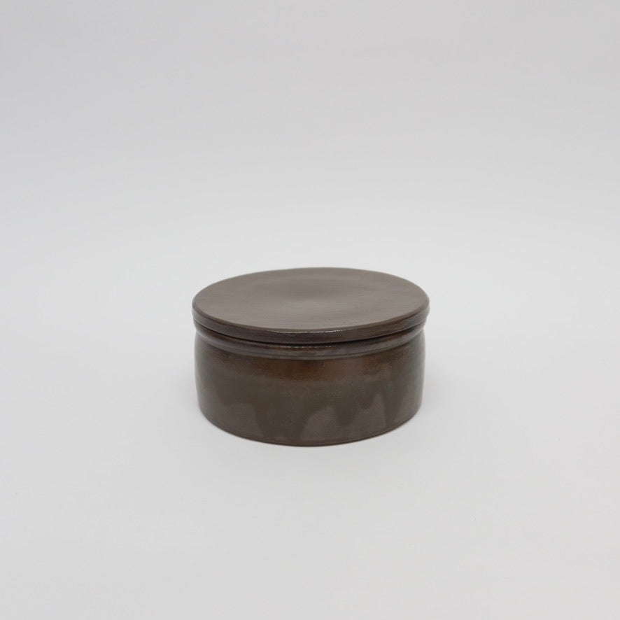 Korean Onggi Earthenware Flat Round Jar with Lid, 2 Sizes