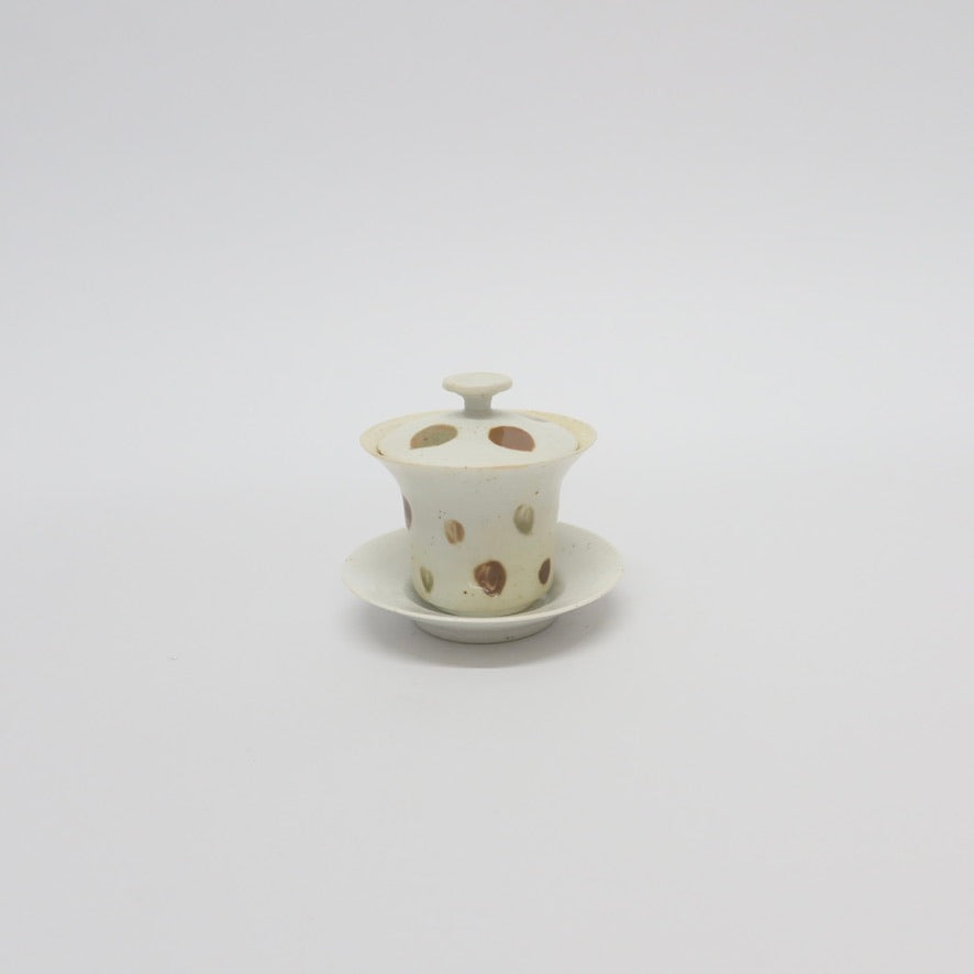 Korean Wood-fired Porcelain Dotted Gaiwan Teapot, Cooling Vessel &amp; Tea Cup