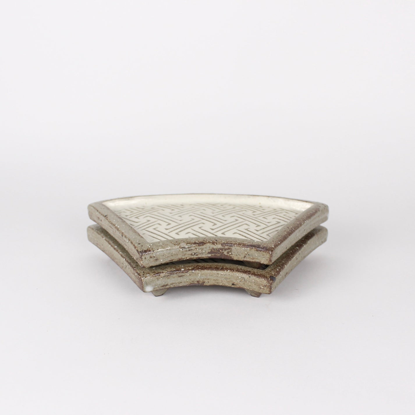 Korean Fan-Shaped Buncheong Ceramic Plates