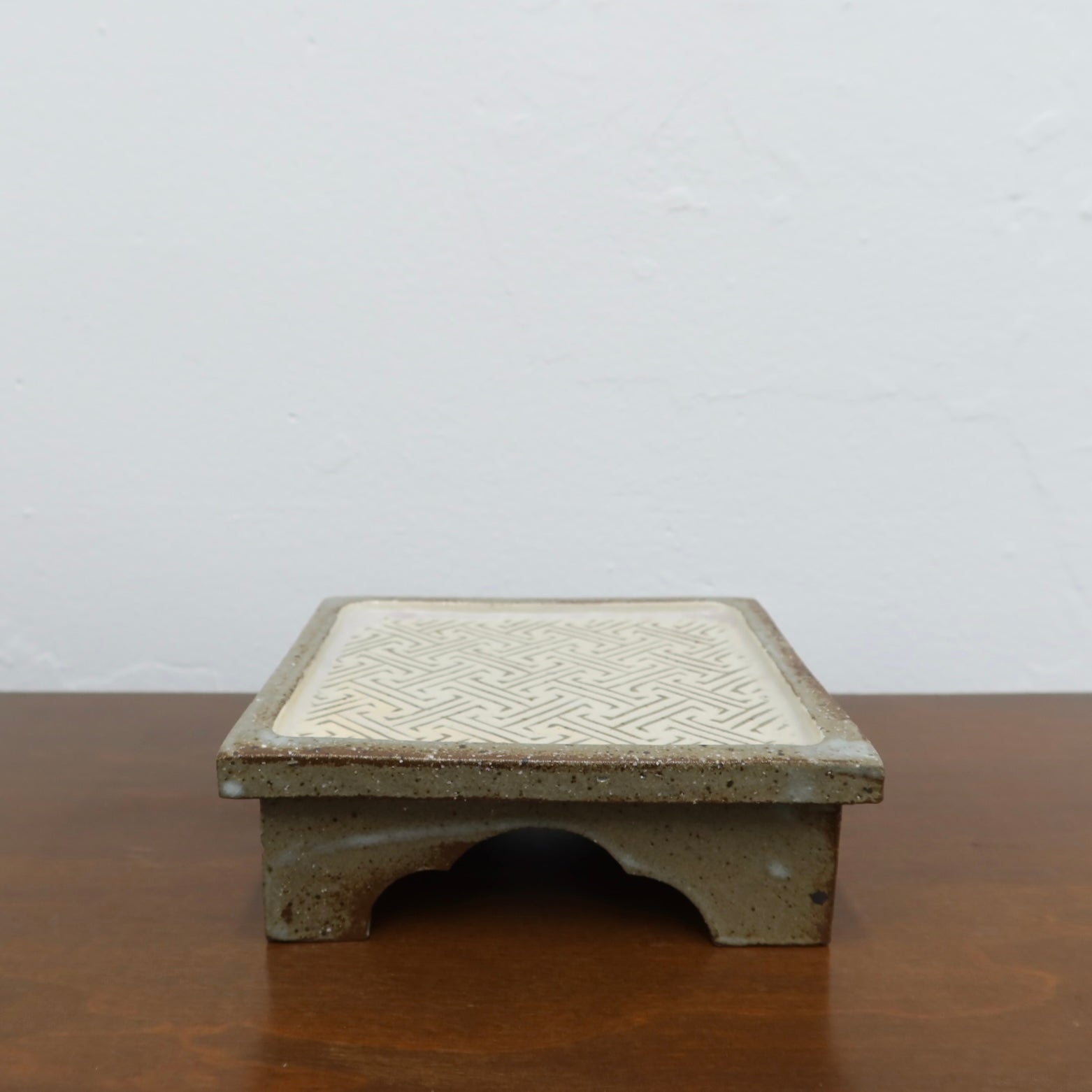 Korean Buncheong High-Footed Square Plate with Traditional Motif