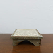 Korean Buncheong High-Footed Square Plate with Traditional Motif