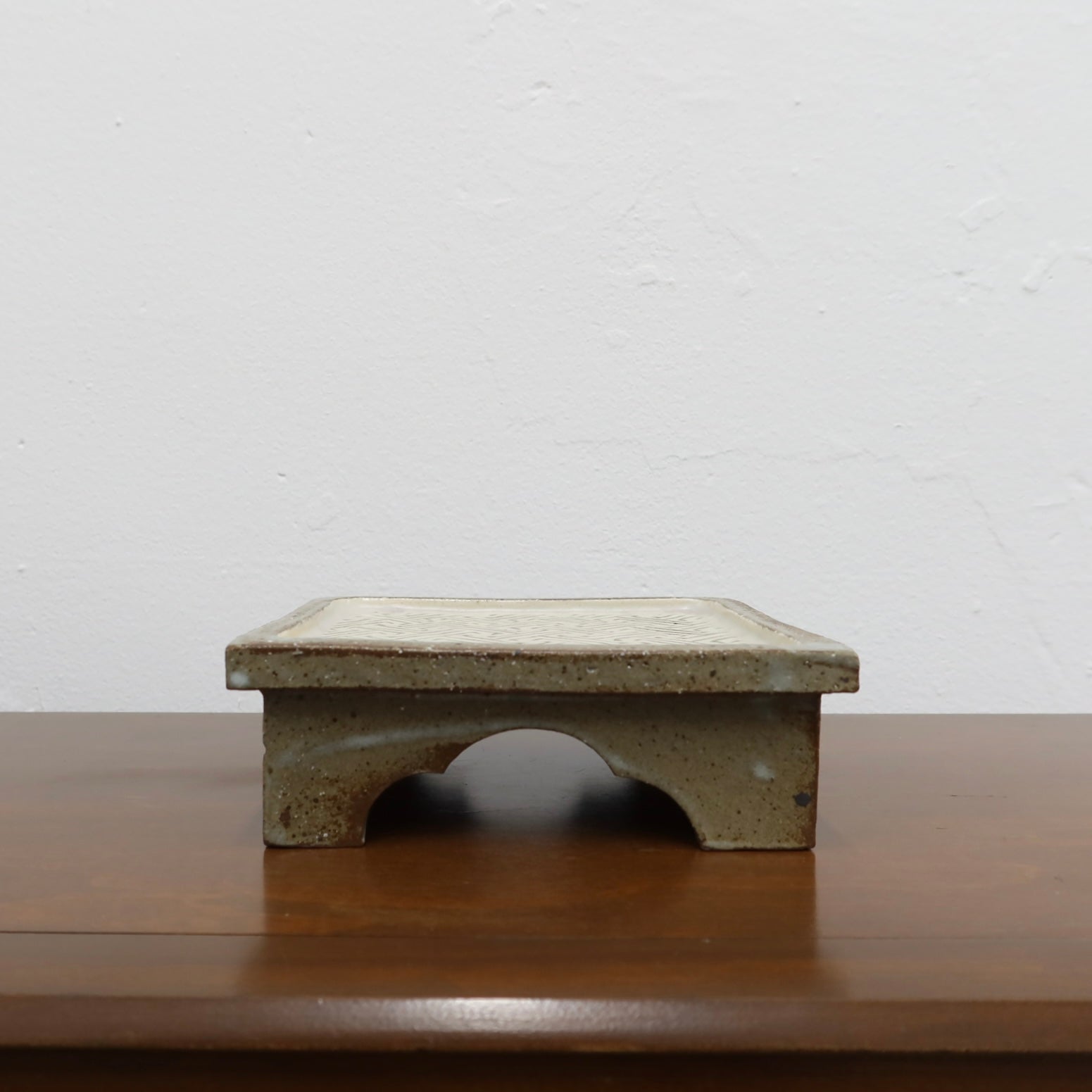 Korean Buncheong High-Footed Square Plate with Traditional Motif