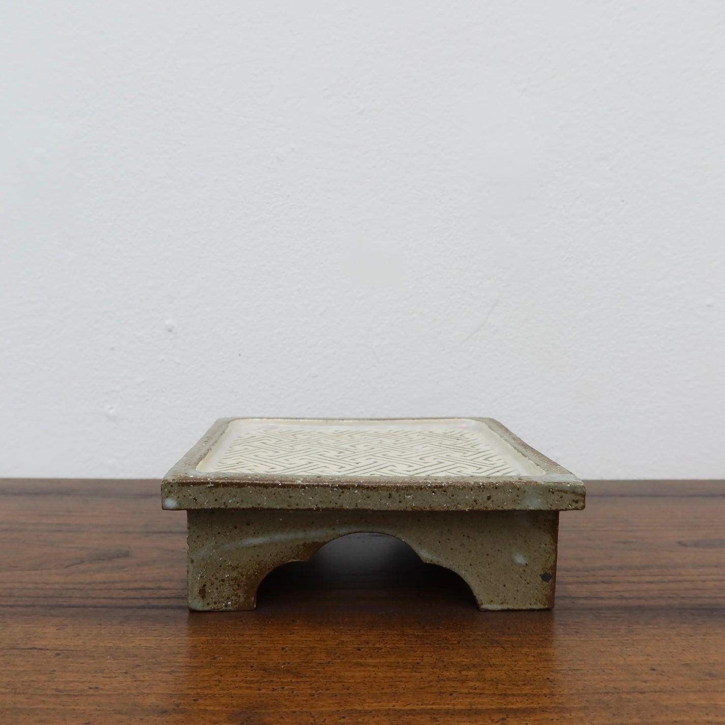 Korean Buncheong High-Footed Square Plate with Traditional Motif