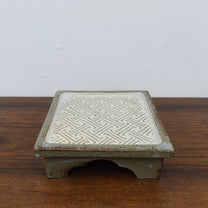 Korean Buncheong High-Footed Square Plate with Traditional Motif