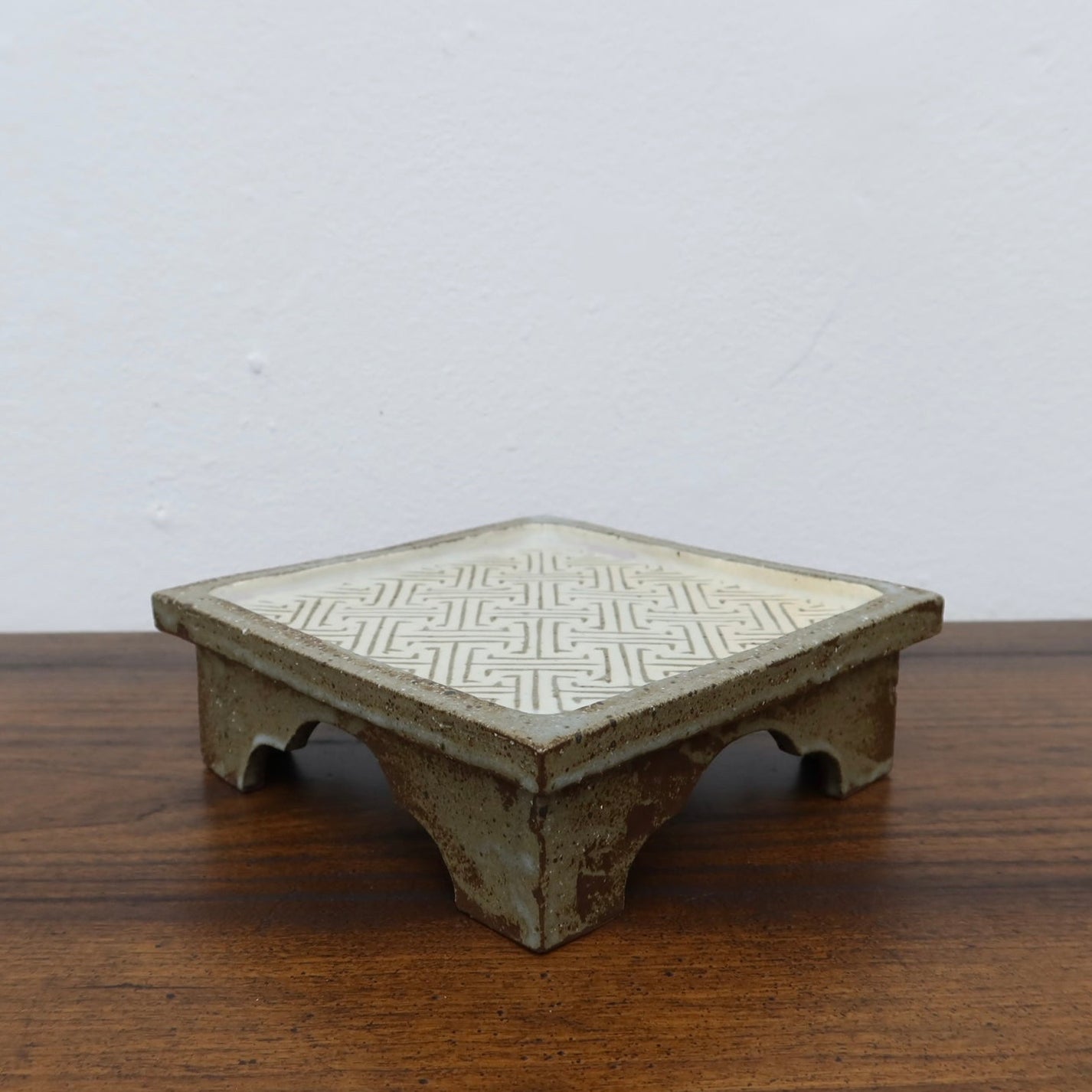 Korean Buncheong High-Footed Square Plate with Traditional Motif
