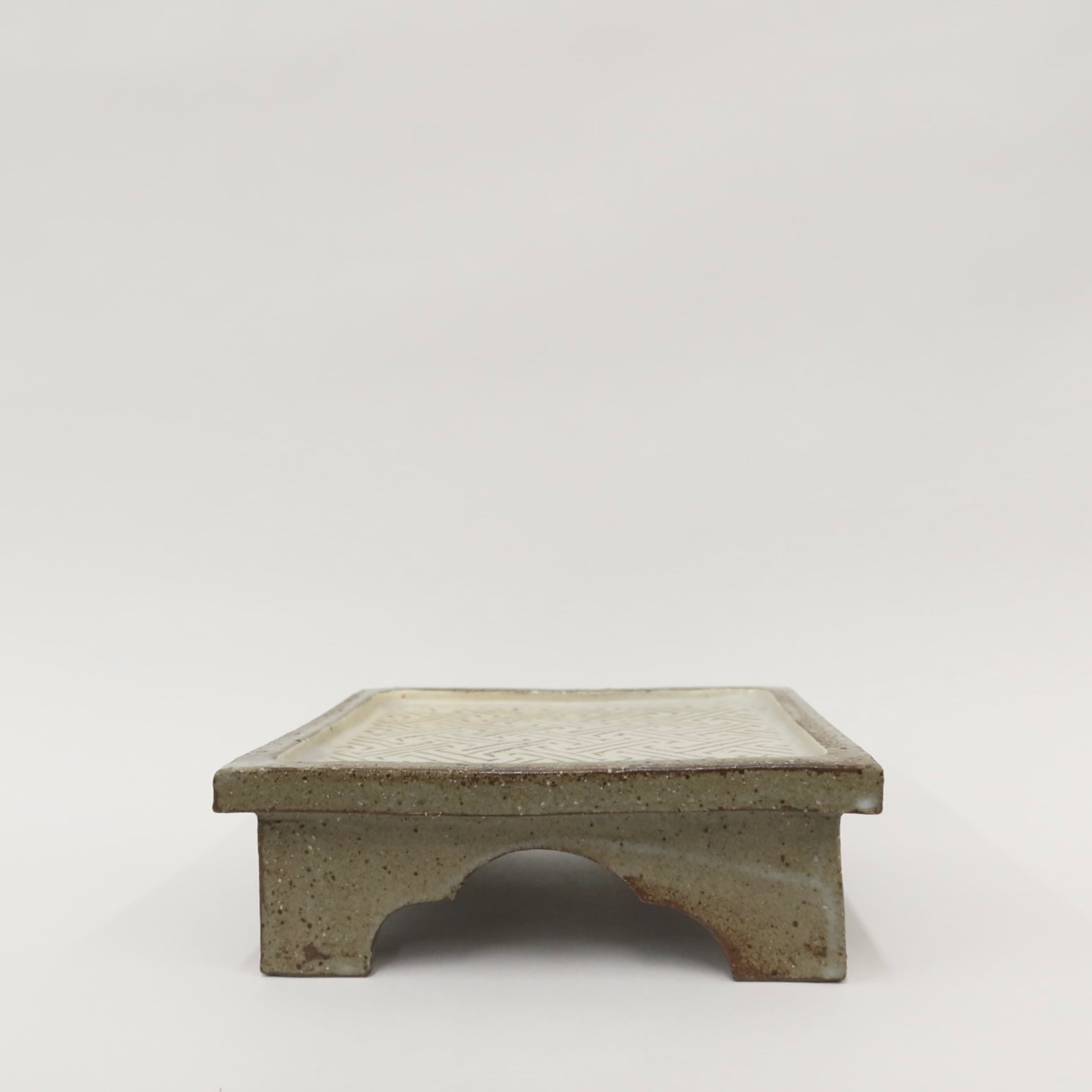 Korean Buncheong High-Footed Square Plate with Traditional Motif