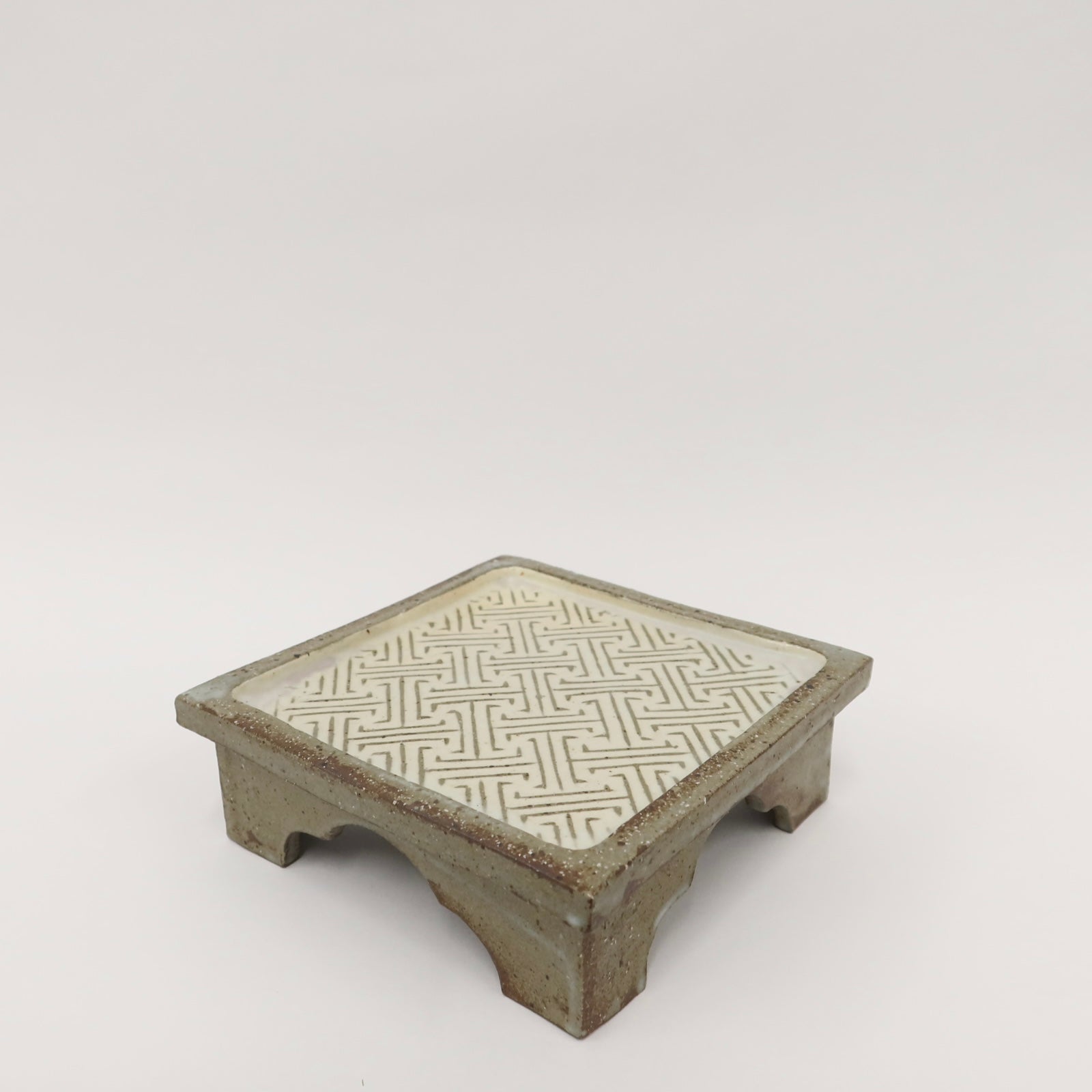 Korean Buncheong High-Footed Square Plate with Traditional Motif
