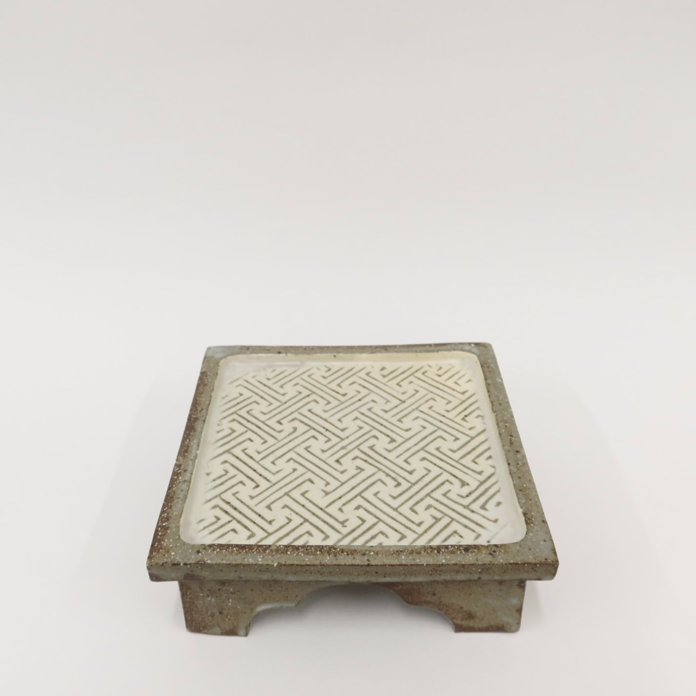 Korean Buncheong High-Footed Square Plate with Traditional Motif