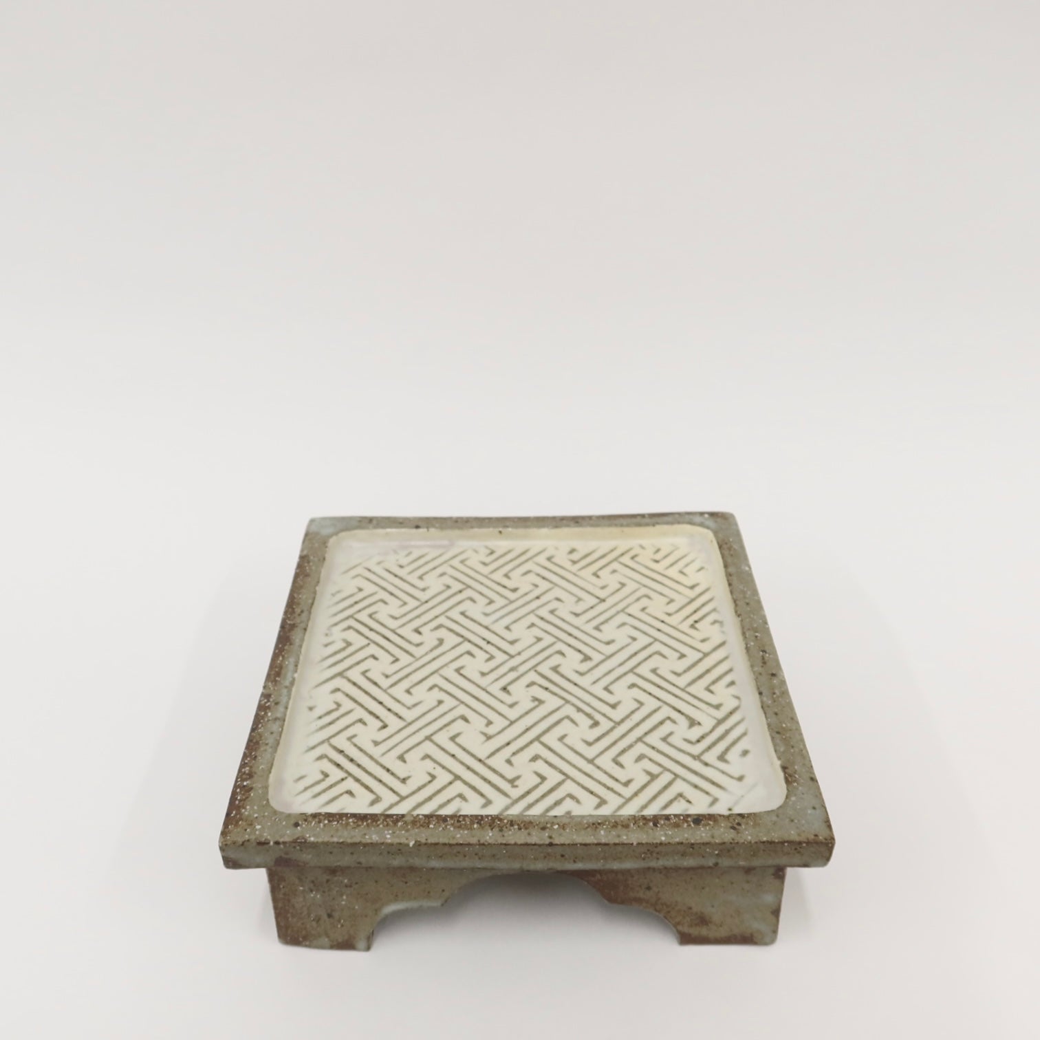Korean Buncheong High-Footed Square Plate with Traditional Motif