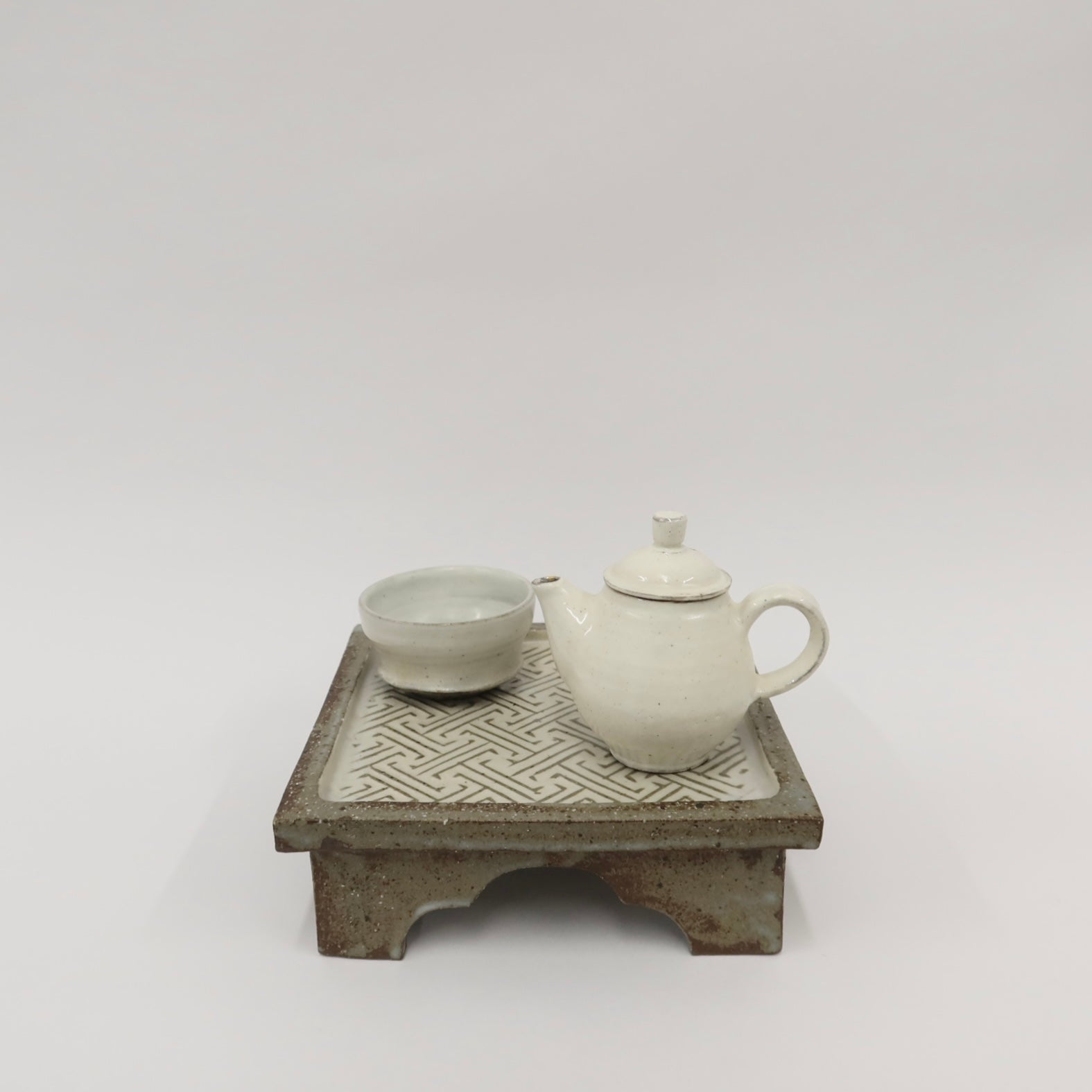 Korean Buncheong High-Footed Square Plate with Traditional Motif