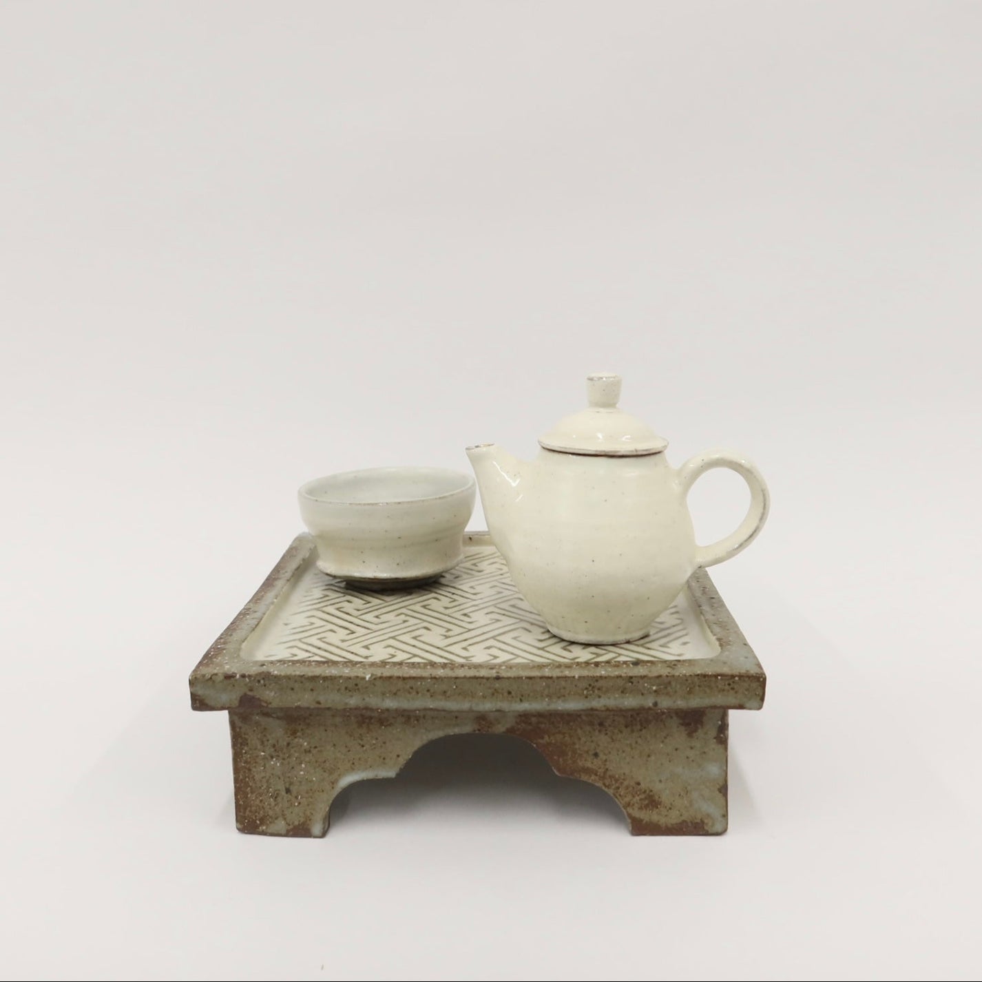 Korean Buncheong High-Footed Square Plate with Traditional Motif