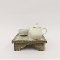 Korean Buncheong High-Footed Square Plate with Traditional Motif