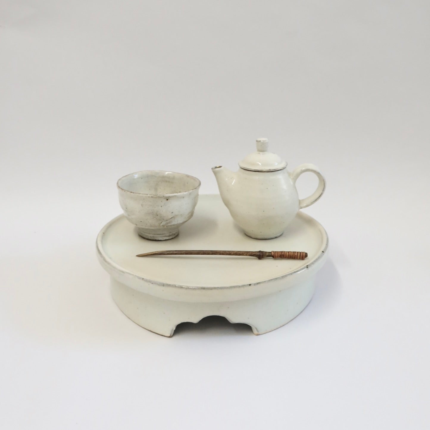 Korean Buncheong Ceramic High-Footed Round Tea Tray