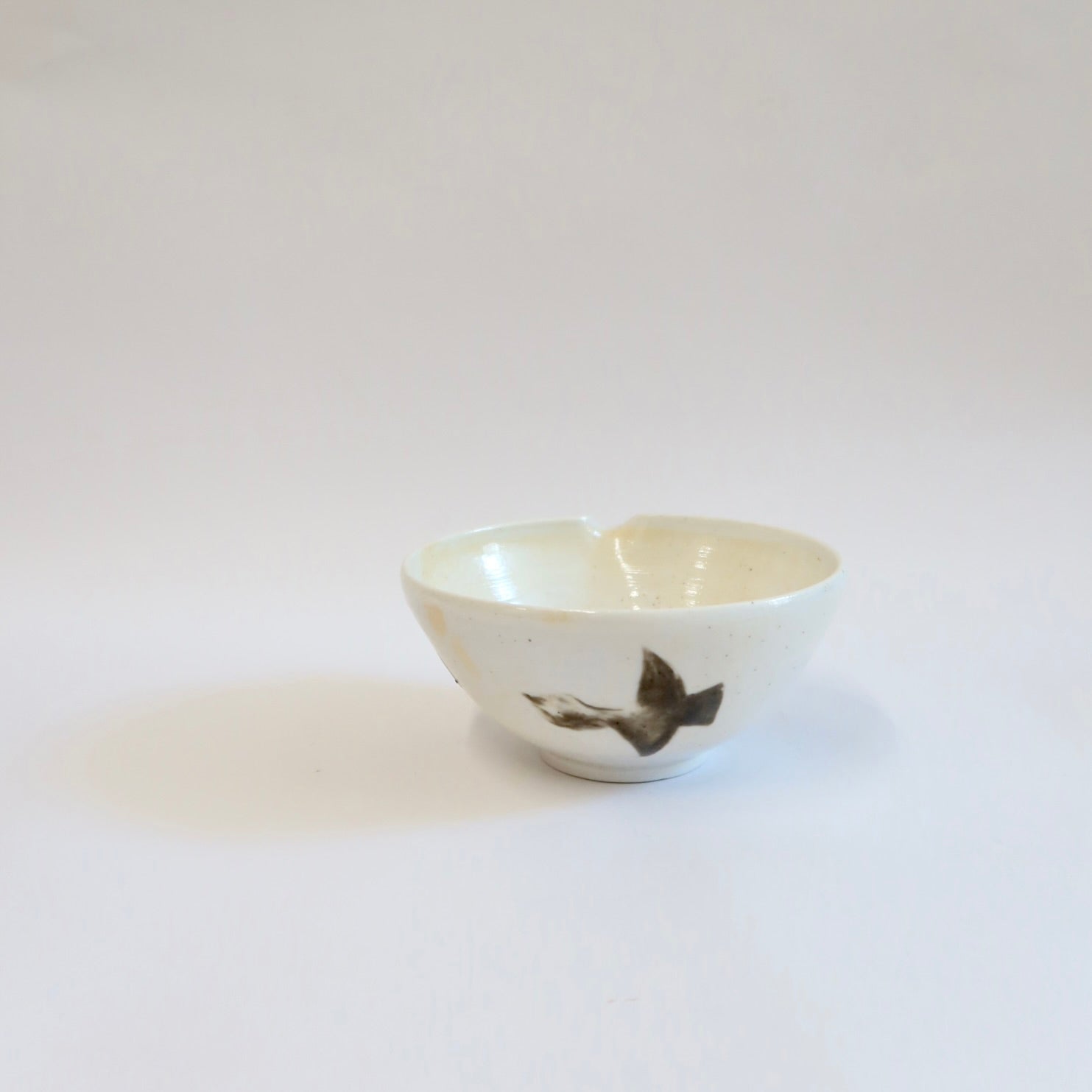 Korean Wood-Fired Porcelain Spouted Matcha Bowl with Bird Motif