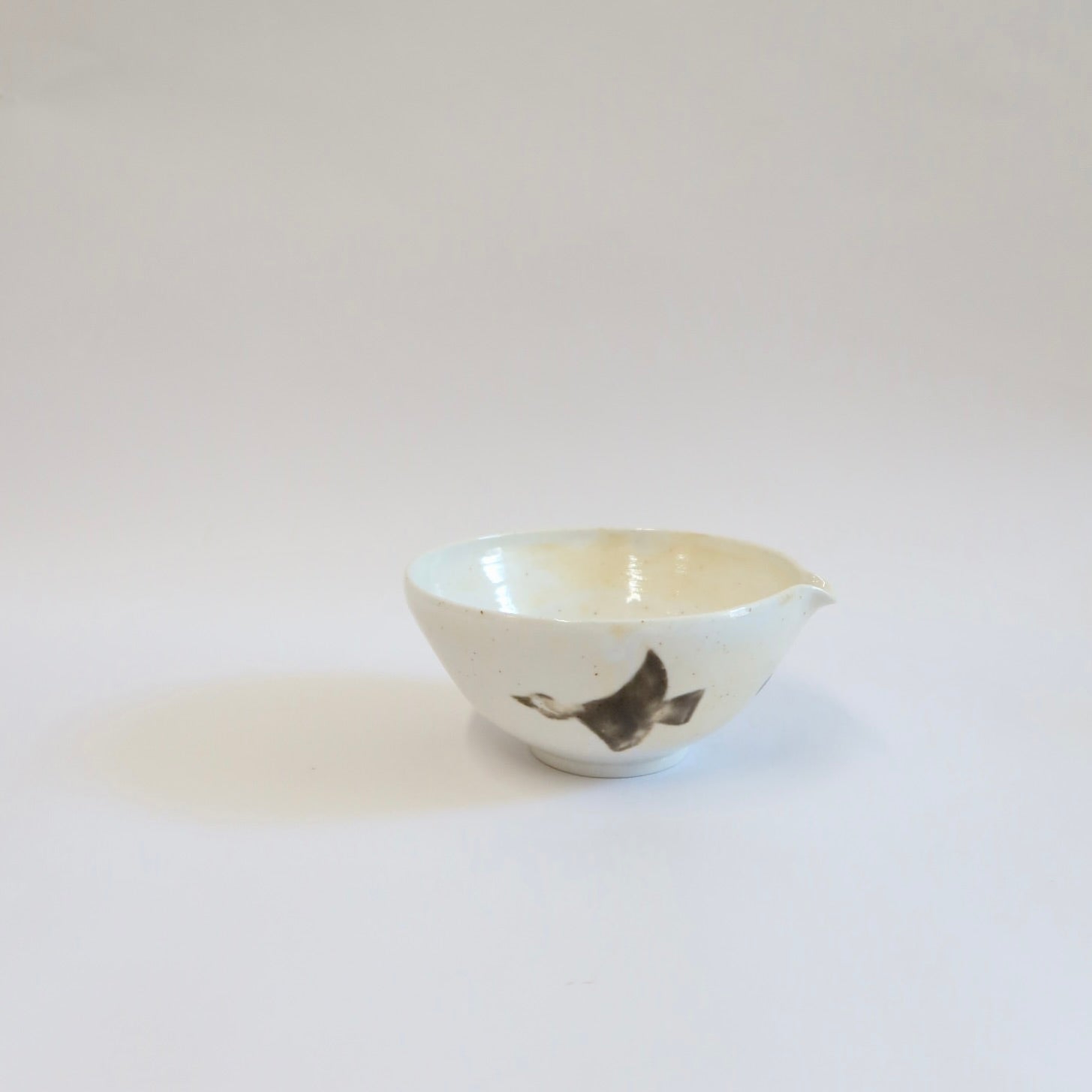 Korean Wood-Fired Porcelain Spouted Matcha Bowl with Bird Motif