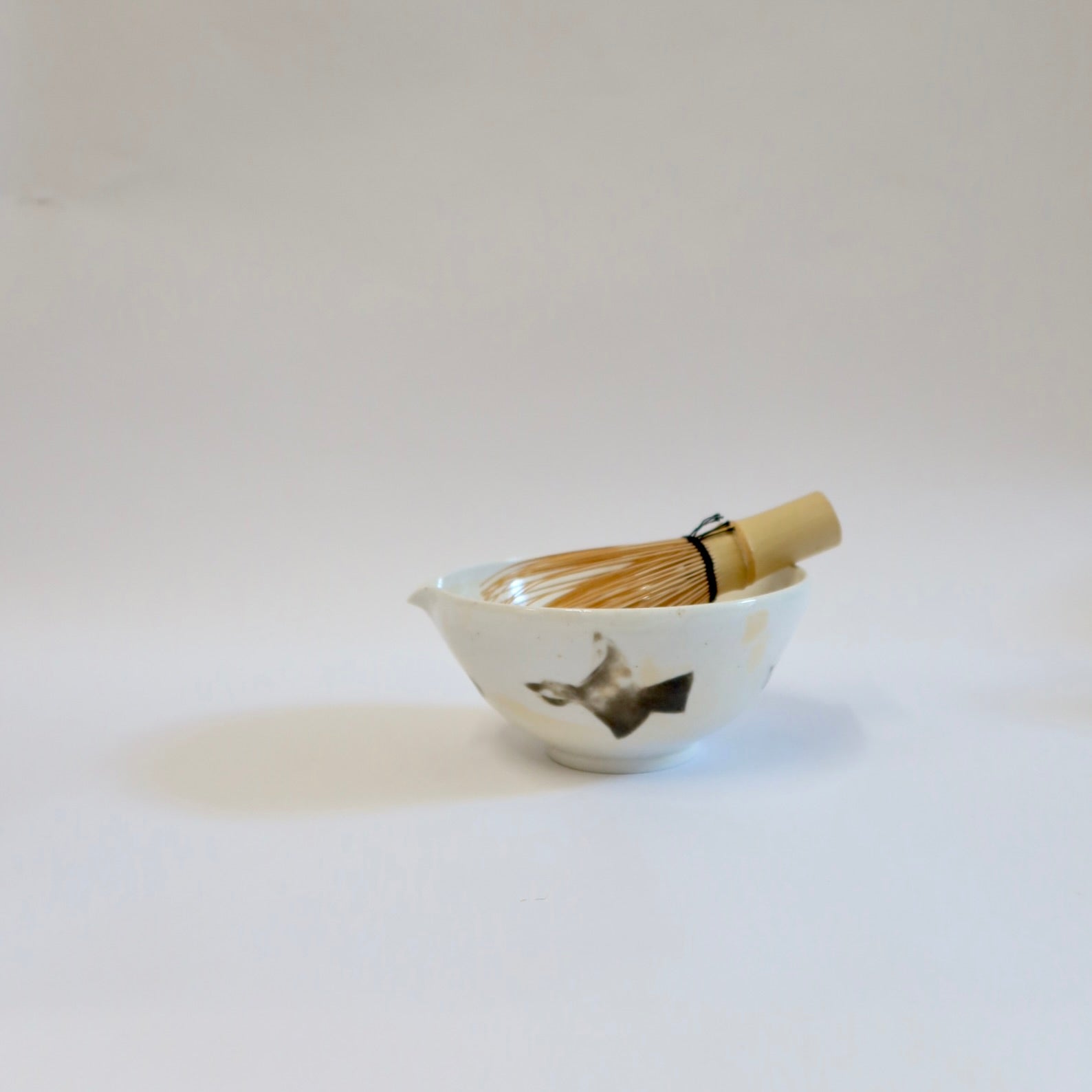 Korean Wood-Fired Porcelain Spouted Matcha Bowl with Bird Motif