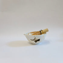 Korean Wood-Fired Porcelain Spouted Matcha Bowl with Bird Motif