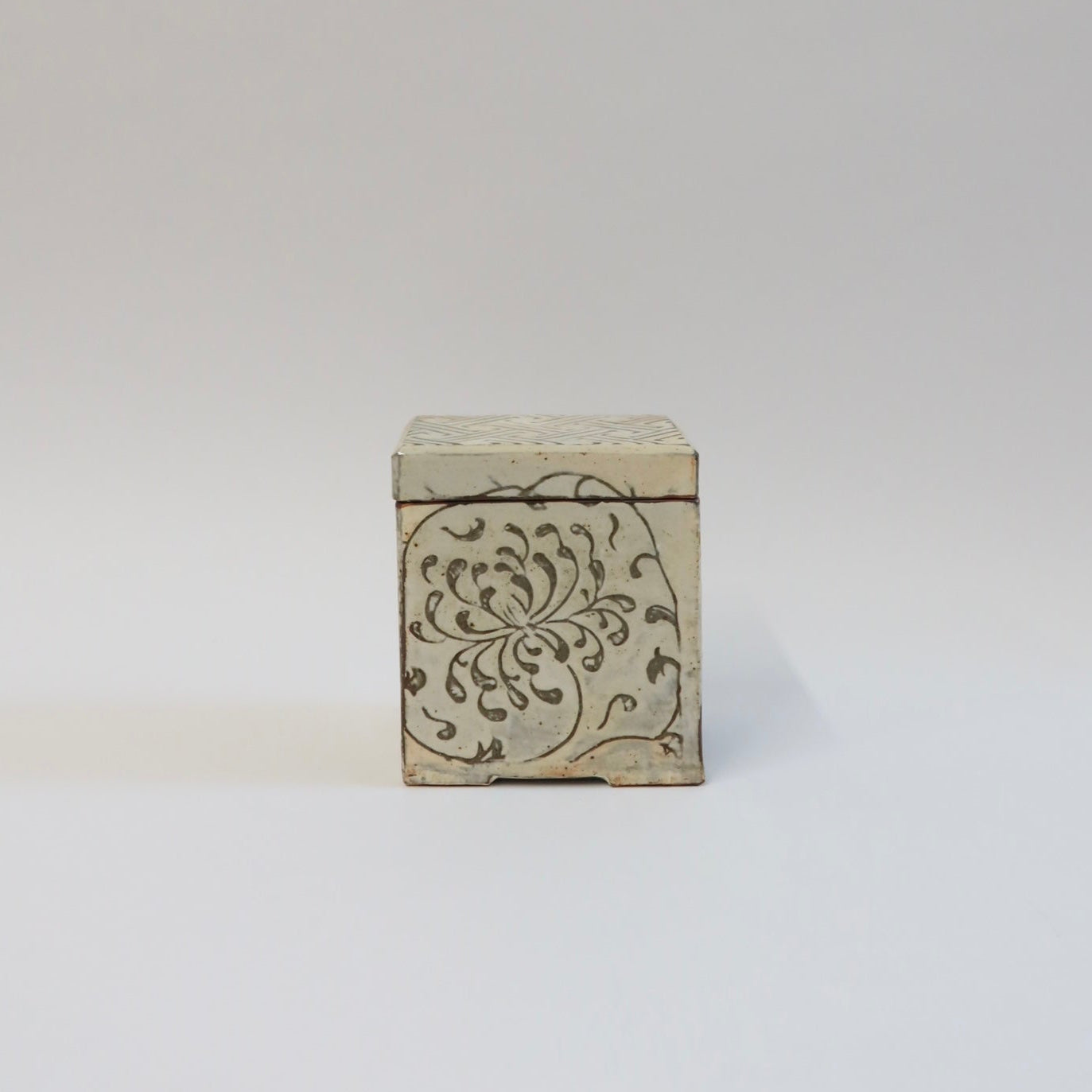 Korean Buncheong Ceramic Lidded Box with Chrysanthemum Motif