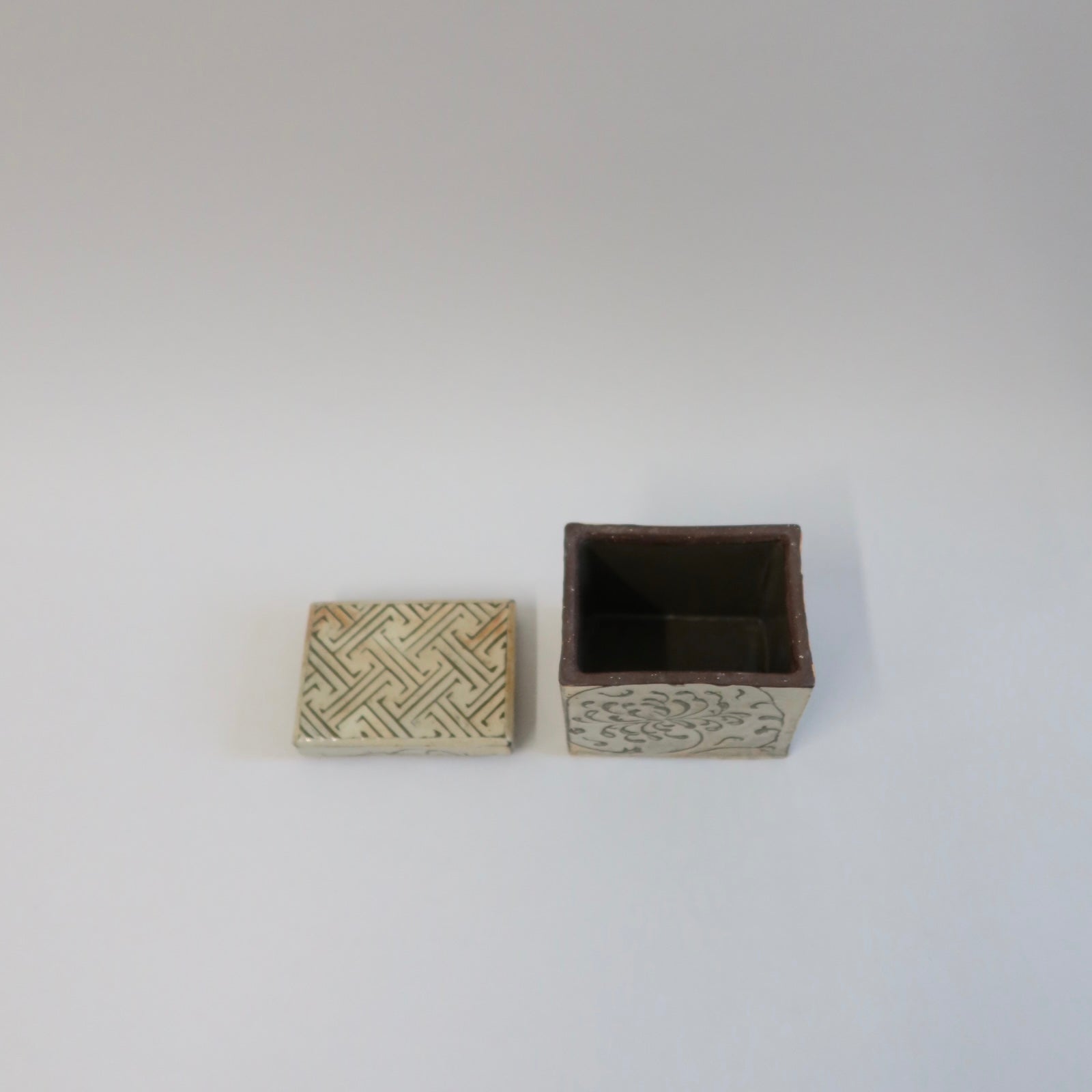 Korean Buncheong Ceramic Lidded Box with Chrysanthemum Motif