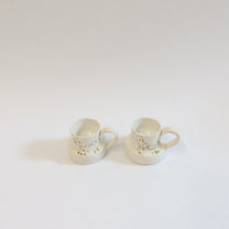 Korean Wood-fired Porcelain Espresso Cup, Cat and Bird Motif
