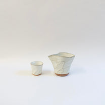 Japanese Ceramic White Glazed Ripple Katakuchi Pouring Vessel and Cup Set