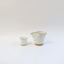 Japanese Ceramic White Glazed Ripple Katakuchi Pouring Vessel and Cup Set