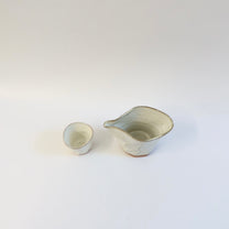 Japanese Ceramic White Glazed Ripple Katakuchi Pouring Vessel and Cup Set