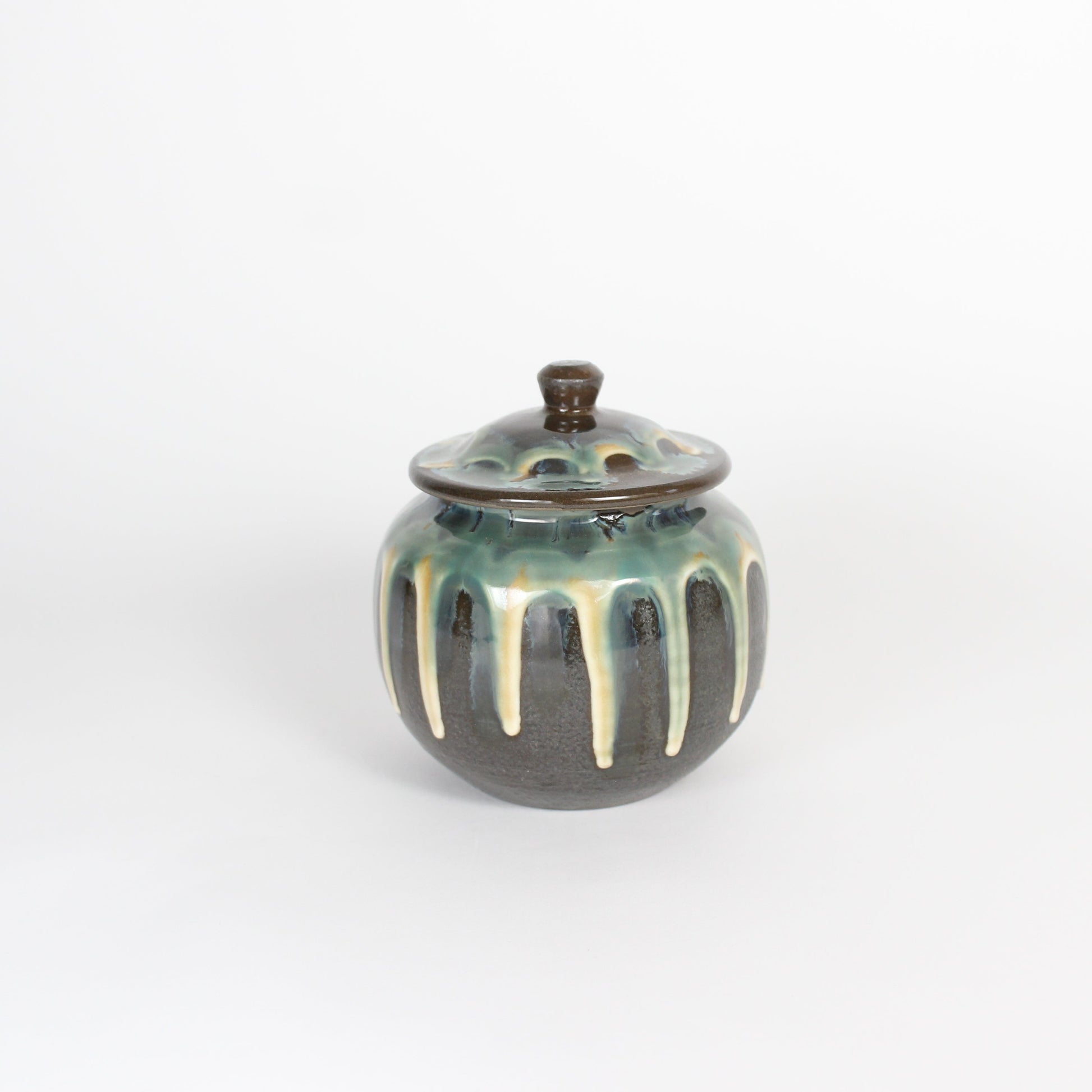 Japanese Onta-yaki Ceramic Lidded Jar, Dripping Glaze