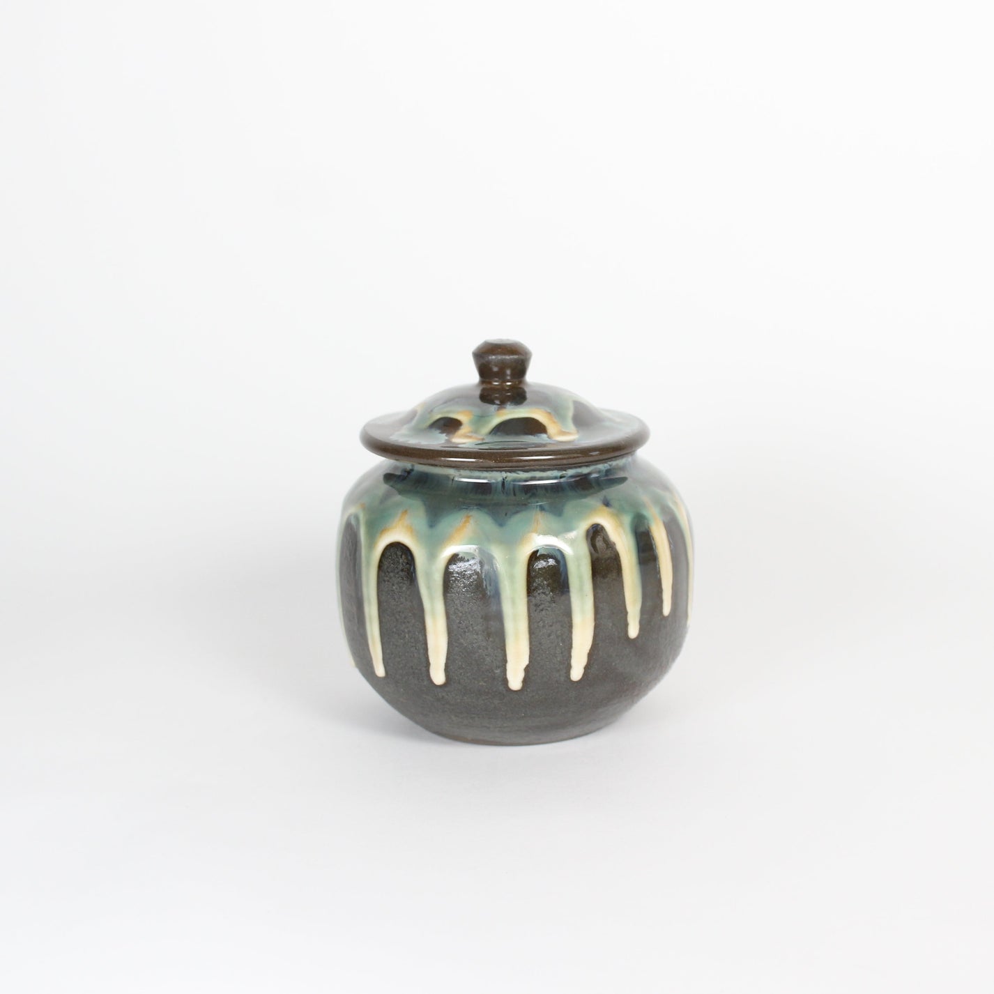 Japanese Onta-yaki Ceramic Lidded Jar, Dripping Glaze