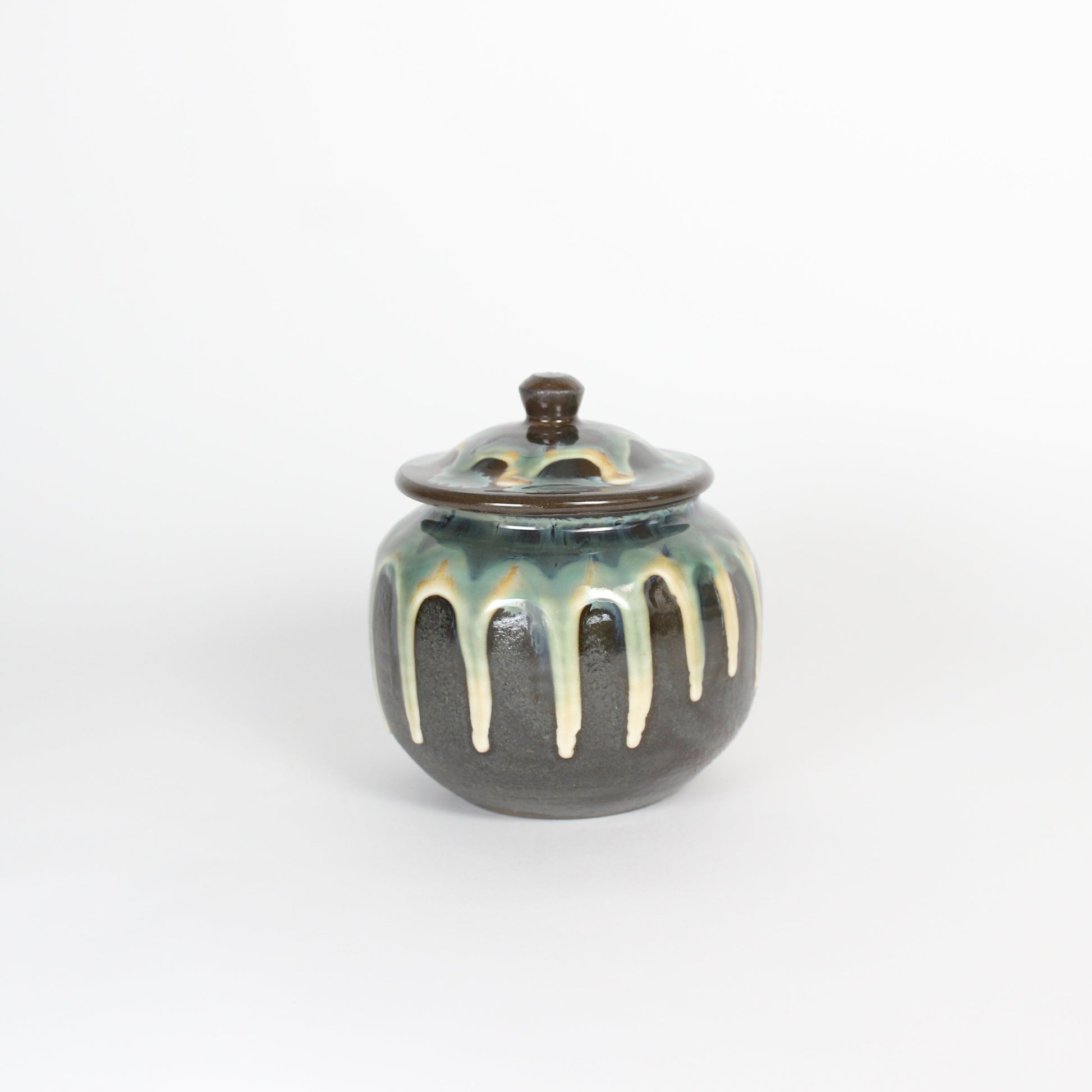Japanese Onta-yaki Ceramic Lidded Jar, Dripping Glaze