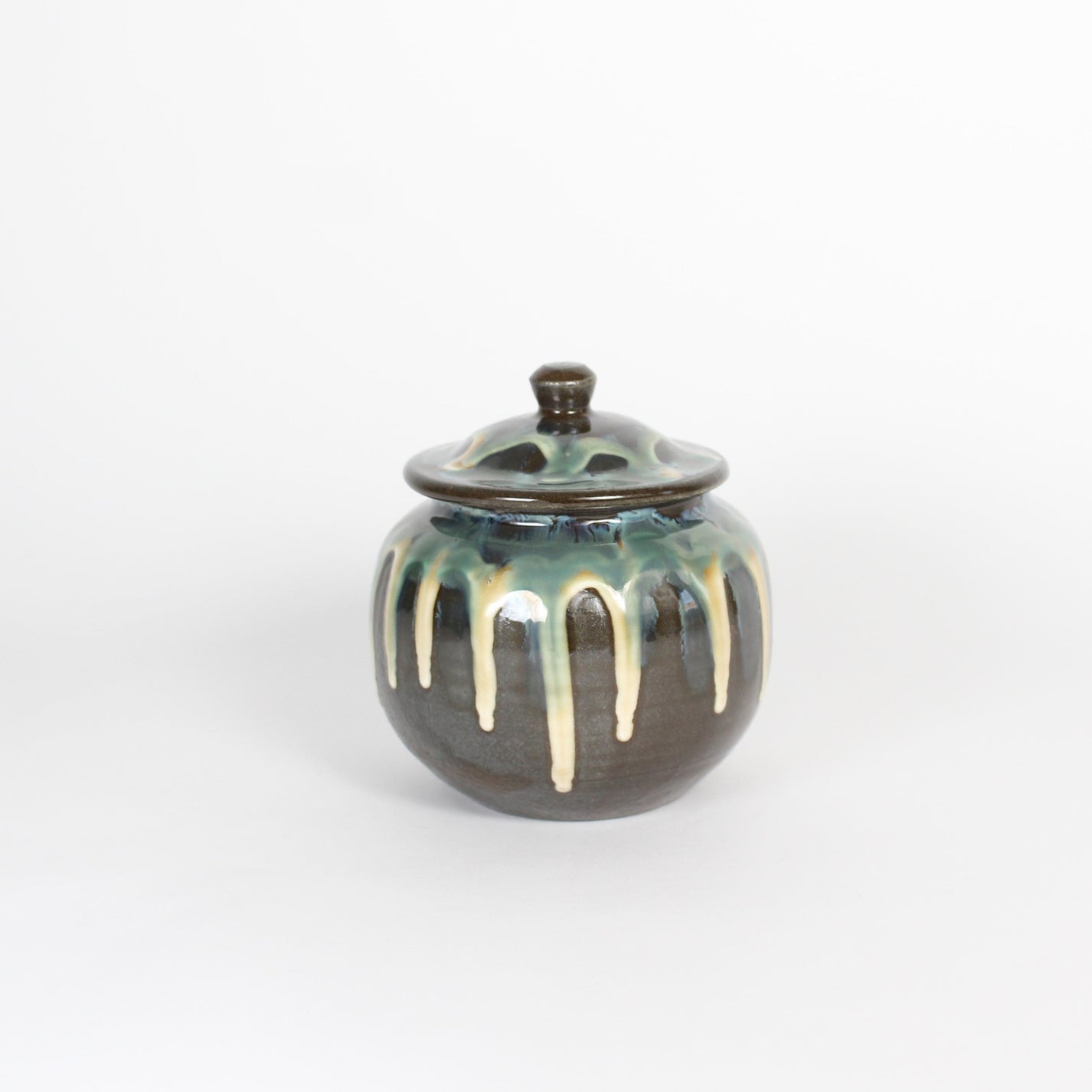 Japanese Onta-yaki Ceramic Lidded Jar, Dripping Glaze