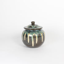 Japanese Onta-yaki Ceramic Lidded Jar, Dripping Glaze