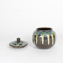 Japanese Onta-yaki Ceramic Lidded Jar, Dripping Glaze