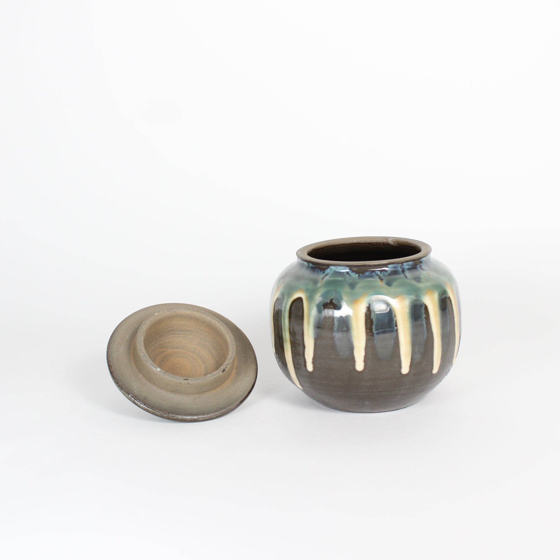 Japanese Onta-yaki Ceramic Lidded Jar, Dripping Glaze